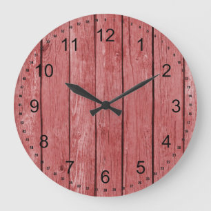 Grande Horloge Ronde Chic Rouge Rustique Faux Wood