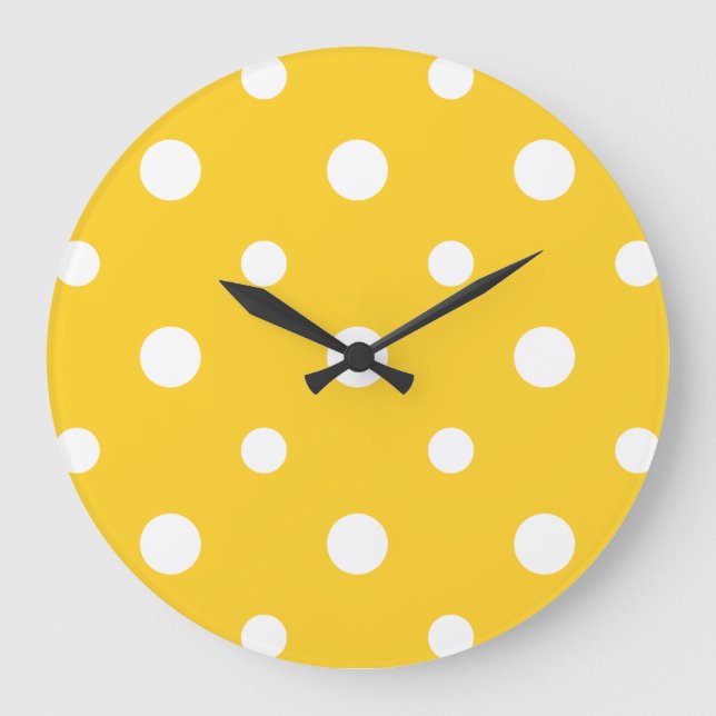 Grande Horloge Ronde Chic Round Wall Clock White Jumbo Polkas on Yellow (Recto)