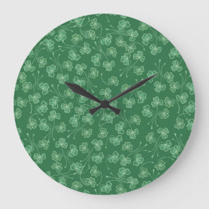 Grande Horloge Ronde Chic Shamrocks vert foncé Ditsy Motif cadenas