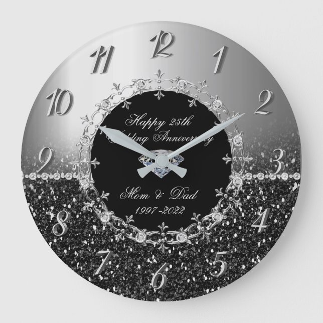 Grande Horloge Ronde Chic Silver Pailleté 25e Anniversaire de Mariage (Recto)
