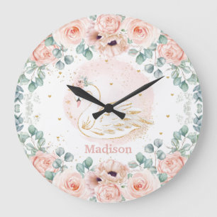 Grande Horloge Ronde Chic Swan Princess Blush Poppy Floral Girl Bedroom