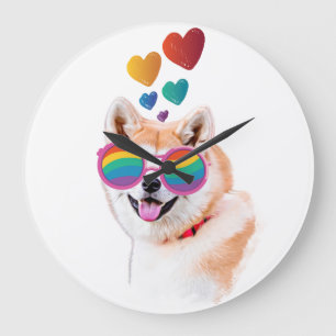 Grande Horloge Ronde Chien Akita avec coeurs Saint-Valentin 