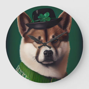 Grande Horloge Ronde Chien akita en tenue de la Saint Patrick's Day