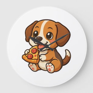 Grande Horloge Ronde Chien beagle mignon pizza amateurs de pizza dessin