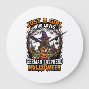 Grande Horloge Ronde Chien berger allemand Halloween Chapeau de sorcièr