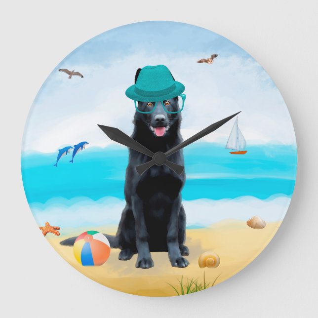 Grande Horloge Ronde Chien berger allemand noir sur la plage (Recto)