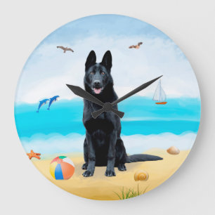 Grande Horloge Ronde Chien berger allemand noir sur la plage