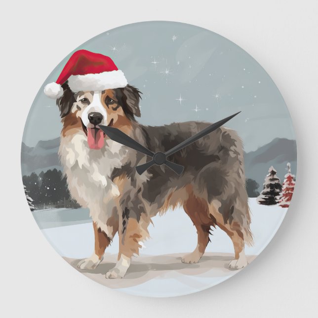 Grande Horloge Ronde Chien berger australien en Noël de neige (Recto)