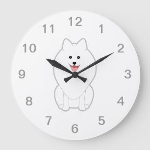 Grande Horloge Ronde Chien blanc mignon. Spitz ou Pomeranian.