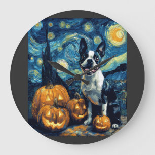 Grande Horloge Ronde Chien Boston Terrier Mignon Halloween Jack O Lante