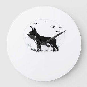 Grande Horloge Ronde Chien Boston Terrier � Silhouette de lune d'Hallow