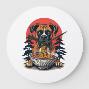 Grande Horloge Ronde Chien Boxer Vintage Mangeant Ramen Coucher de Sole