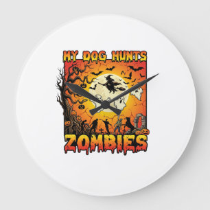 Grande Horloge Ronde Chien Chasse Les Zombies Halloween Fantômes Sorciè