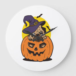 Grande Horloge Ronde Chien Citrouille Halloween, Drôle de Chien Hallowe
