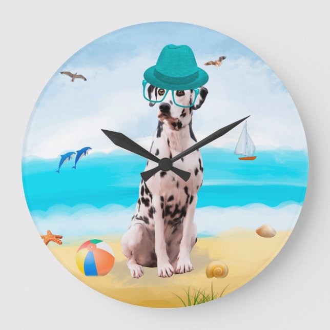 Grande Horloge Ronde Chien Dalmation sur la plage (Recto)