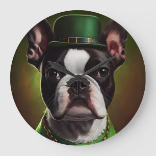Grande Horloge Ronde Chien de Boston Terrier en Robe du Jour de la Sain
