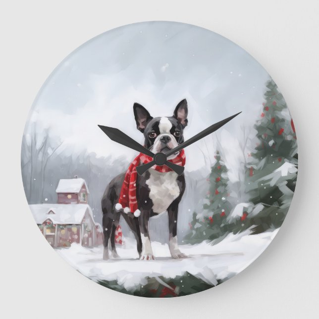 Grande Horloge Ronde Chien de Boston Terrier pendant Noël de neige (Recto)