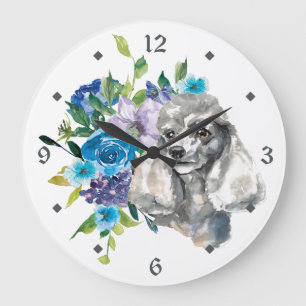 Grande Horloge Ronde Chien de caniche gris de Bouquet floral bleu