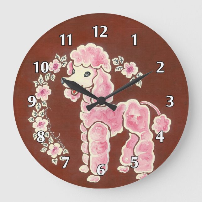 Grande Horloge Ronde Chien de caniche rose pelucheux Girly mignon (Recto)