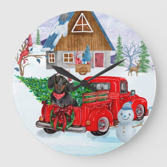 Grande Horloge Ronde Chien de Dachshund en livraison de Noël Camion Nei (Recto)