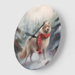 Grande Horloge Ronde Chien de lappund finlandais à Noël de neige
