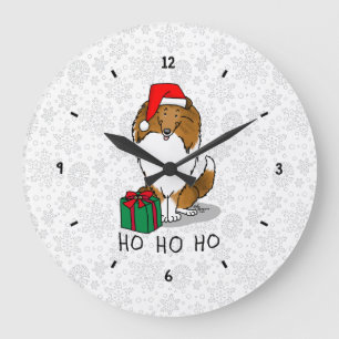 Grande Horloge Ronde Chien de Noël Santa Hat Shetland Sheepdog (sable)
