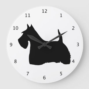 Grande Horloge Ronde Chien de Terrier d'écossais, silhouette noire de