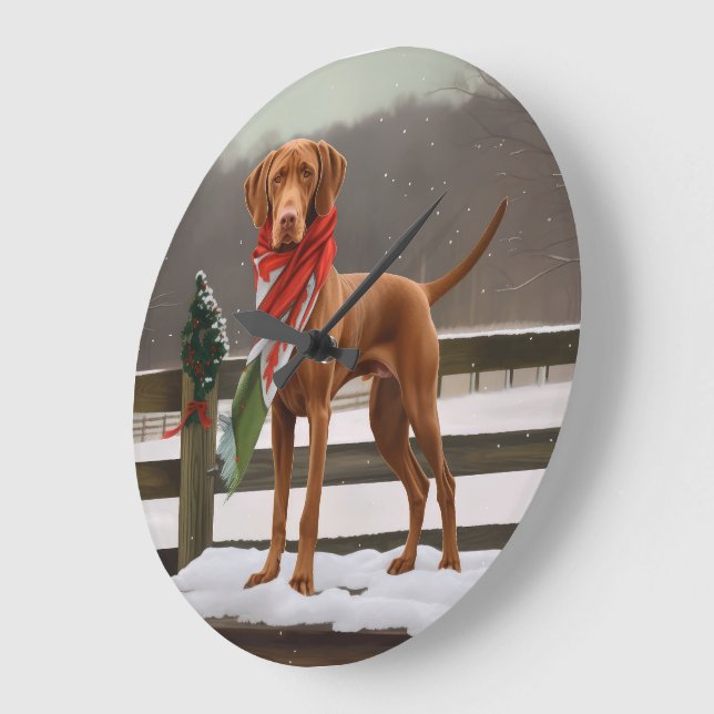 Grande Horloge Ronde Chien de Vizsla à Noël de neige (Angle)