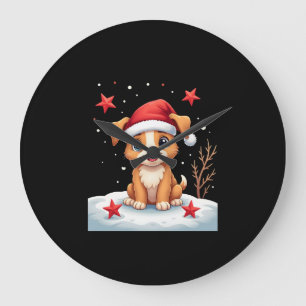 Grande Horloge Ronde Chien Drôle avec Étoiles de Noël pour la Saison Fe