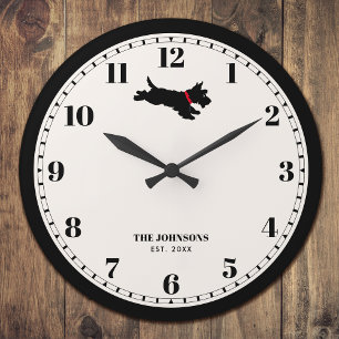 Grande Horloge Ronde Chien écossais personnalisé Nom personnalisé Noir