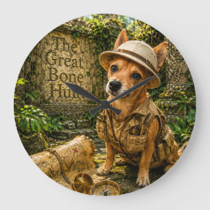 Grande Horloge Ronde Chien Explorateur Mignon Ruines de la Jungle Antiq