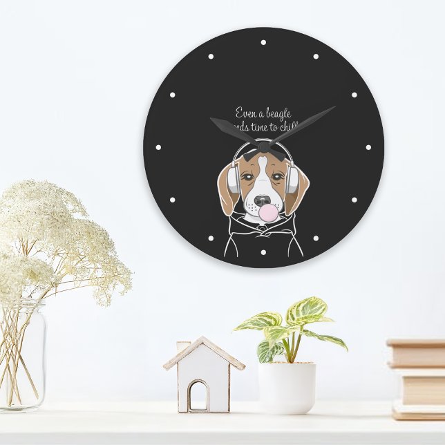 Grande Horloge Ronde Chien frais avec Bubblegum mignon Beagle amusant (Créateur téléchargé)