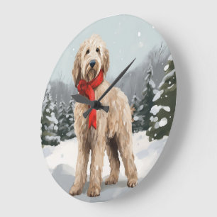 Grande Horloge Ronde Chien Goldendoodle dans la neige de Noël