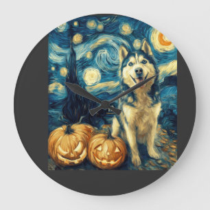 Grande Horloge Ronde Chien Husky Sibérien Mignon Halloween Jack O Lante