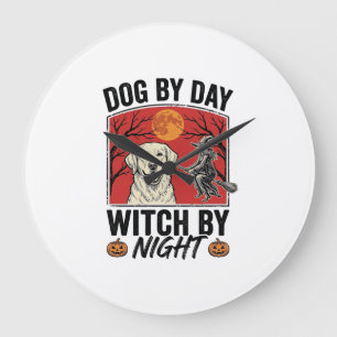 Grande Horloge Ronde Chien le jour sorcière la nuit Halloween vintage c