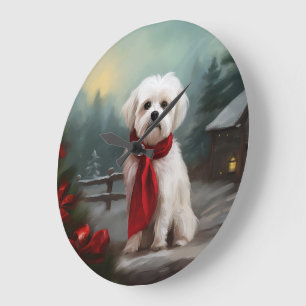 Grande Horloge Ronde Chien maltais dans la neige de Noël
