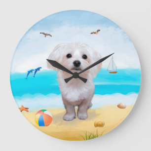 Grande Horloge Ronde Chien maltais sur la plage