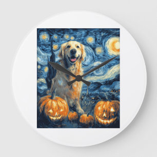 Grande Horloge Ronde Chien Maman Van Retriever Doré Citrouille Nuit Éto