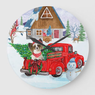 Grande Horloge Ronde Chien Papillon Dans Camion De Livraison De Noël Ne