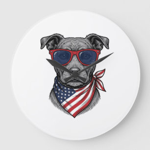 Grande Horloge Ronde Chien Patriotique Avec Lunettes De Soleil Design D