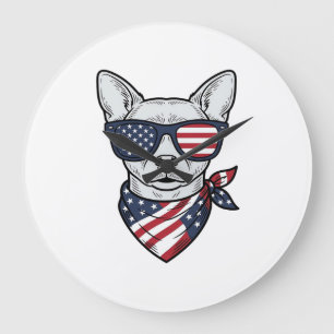 Grande Horloge Ronde Chien Patriotique avec Lunettes de Soleil Drapeau 