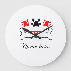 Grande Horloge Ronde Chien patte coeur rouge animal ajouter nom animal