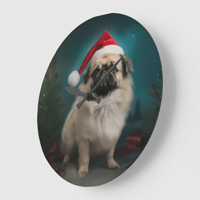 Grande Horloge Ronde Chien pekingese pendant Noël de neige (Angle)