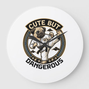 Grande Horloge Ronde Chien Pug Karaté Kick Cute Mais Dangereux_1