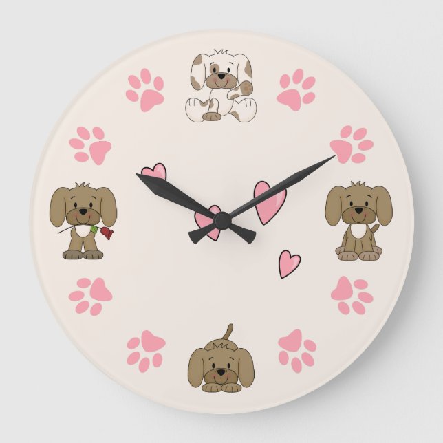 Grande Horloge Ronde Chiens cochons mignons, Empreintes de pattes roses (Recto)