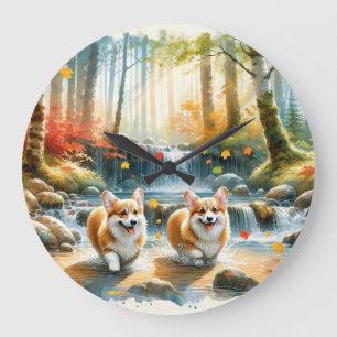 Grande Horloge Ronde Chiens De Corgi Dans Un Flux De Bois Aux Couleurs 