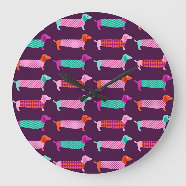 Grande Horloge Ronde Chiens de Dachshund : Motif mignon sans couture. (Recto)