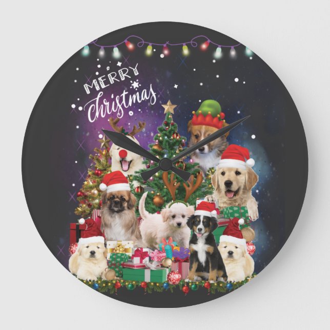 Grande Horloge Ronde Chiens Joyeux Noël Lumière (Recto)