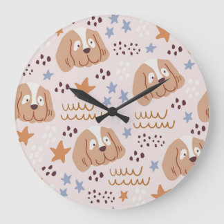 Grande Horloge Ronde Chiens mignons, étoiles, lignes : vintage sans sou