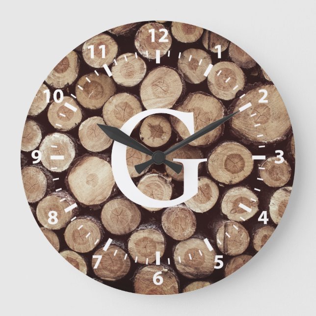 Grande Horloge Ronde Chiffre blanc sur tranche de bois rustique | Monog (Recto)